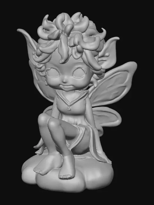 3D model for Ceramic figurine of a snowdrop fairy. Perfect facial features with well formed arms, hands, legs, & feet. Well defined wings. Fairy is sitting on a round rocky base. Beautiful full wide smile laughing uncontrollably. Twinkling large colored eyes. Wild thick Curly hair. Shades of green, white, and lavender