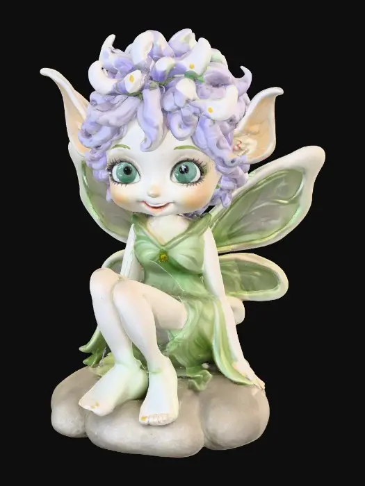 3D model for Ceramic figurine of a snowdrop fairy. Perfect facial features with well formed arms, hands, legs, & feet. Well defined wings. Fairy is sitting on a round rocky base. Beautiful full wide smile laughing uncontrollably. Twinkling large colored eyes. Wild thick Curly hair. Shades of green, white, and lavender