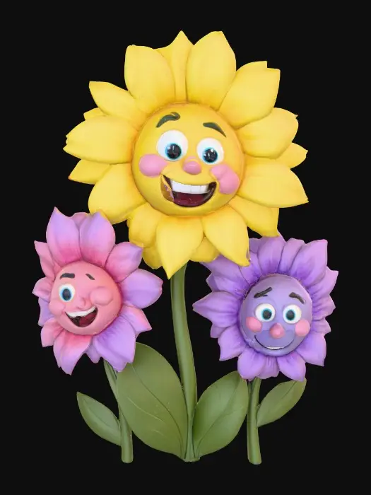 3D model for A trio of talking flowers alice in wonderland stylized cartoonish talking flowers in full color