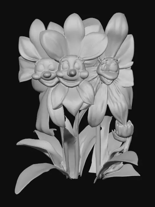 3D model for A trio of talking flowers alice in wonderland stylized cartoonish talking flowers in full color