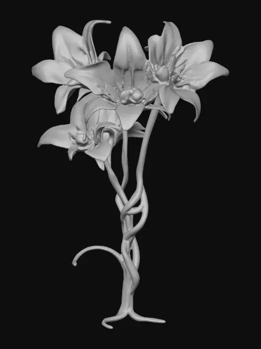 3D model for A whimsical fantasy a trio of talking chibi flowers (tiger lilies) alice in wonderland stylized cartoonish  flowers in full color.