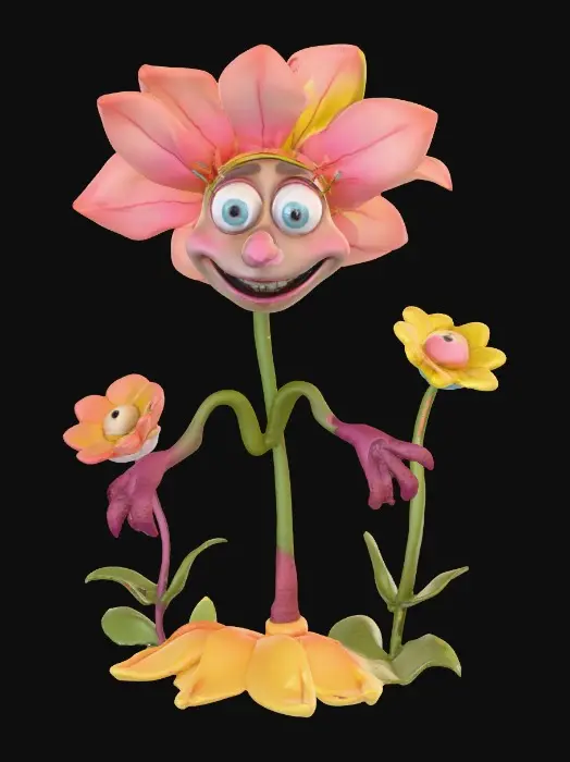 3D model for A whimsical fairytale creation 3d anthropomorphic talking flowers with exaggerated, cartoonish features, reminiscent of an Alice in Wonderland aesthetic. They possess expressive eyes and mouths, with vibrant, oversized petals and stems that serve as limbs. 
The style is a playful, highly stylized illustration, evoking the enchanting and slightly bizarre world of classic fairytale art, with influences from the detailed linework and imaginative compositions of Arthur Rackham and the vibrant, whimsical designs of Mary Blair. Suitable for 3d printed models