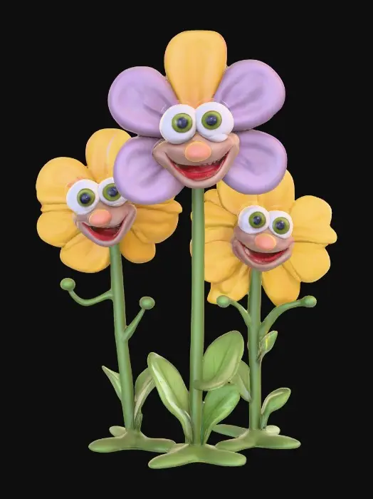 3D model for A whimsical fairytale creation 3d anthropomorphic talking flowers with exaggerated, cartoonish features, reminiscent of an Alice in Wonderland aesthetic. They possess expressive eyes and mouths, with vibrant, oversized petals and stems that serve as limbs. 
The style is a playful, highly stylized illustration, evoking the enchanting and slightly bizarre world of classic fairytale art, with influences from the detailed linework and imaginative compositions of Arthur Rackham and the vibrant, whimsical designs of Mary Blair. Suitable for 3d printed models