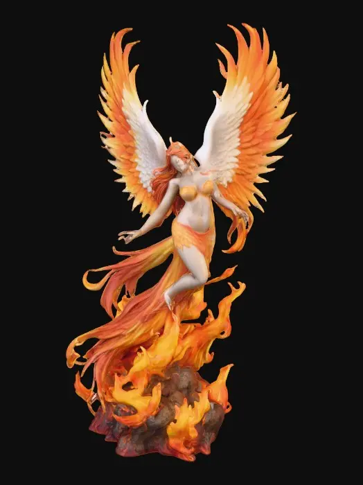 3D model for A Female phoenix form rising from the flames. Wings are intricately detailed made of porcelain. The phoenix has a beautiful curvy figure and perfect facial features with long hair and epic creation