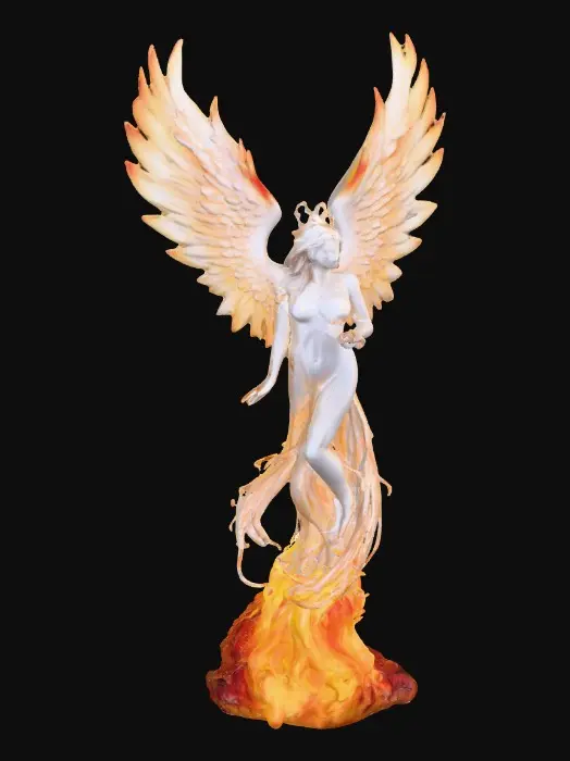 3D model for A Female phoenix form rising from the flames. Wings are intricately detailed made of porcelain. The phoenix has a beautiful curvy figure and perfect facial features with long hair and epic creation