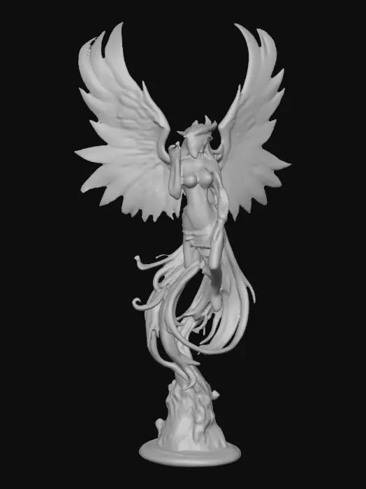 3D model for A Female phoenix form rising from the flames. Wings are intricately detailed made of porcelain. The phoenix has a beautiful curvy figure and perfect facial features with long hair and epic creation