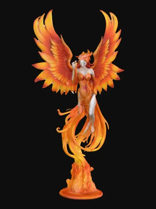 3D model for A Female phoenix form rising from the flames. Wings are intricately detailed made of porcelain. The phoenix has a beautiful curvy figure and perfect facial features with long hair and epic creation
