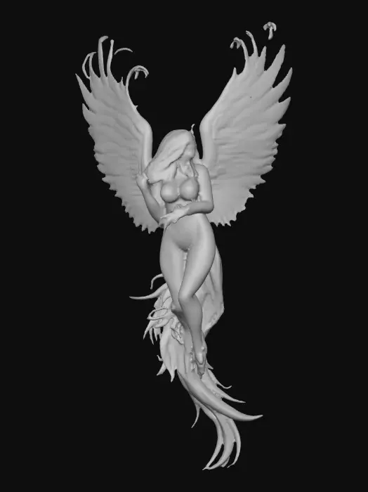 3D model for A Female phoenix form rising from the flames. Wings are intricately detailed made of porcelain. The phoenix has a beautiful curvy figure and perfect facial features with long hair and epic creation