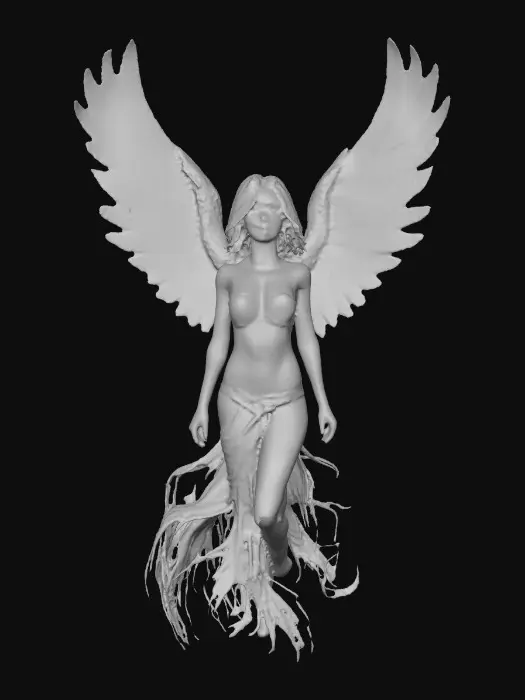 3D model for A Female phoenix form rising from the flames. Wings are intricately detailed made of porcelain. The phoenix has a beautiful curvy figure and perfect facial features with long hair and epic creation