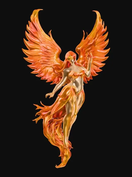 3D model for A Female phoenix form rising from the flames. Wings are intricately detailed made of porcelain. The phoenix has a beautiful curvy figure and perfect facial features with long hair and epic creation