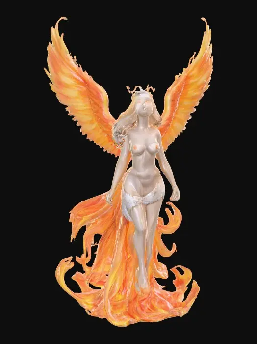 3D model for A Female phoenix form rising from the flames. Wings are intricately detailed made of porcelain. The phoenix has a beautiful curvy figure and perfect facial features with long hair and epic creation