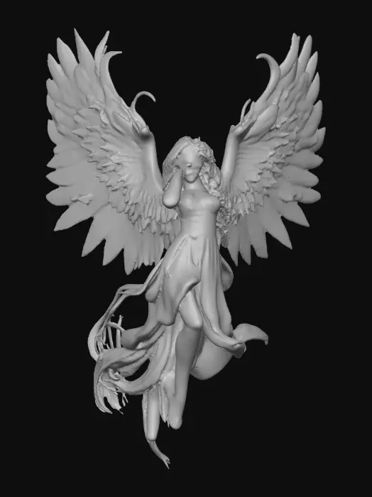 3D model for A Female phoenix form rising from the flames. Wings are intricately detailed made of porcelain. The phoenix has a beautiful curvy figure and perfect facial features with long hair and epic creation