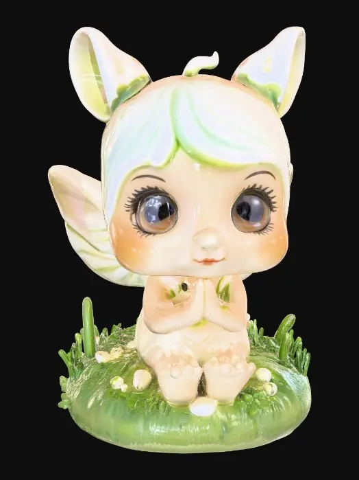 3D model for Ceramic figurine of a Chibi child like snowdrop fairy. Perfect facial features with well formed arms, hands, legs, & feet. Well defined wings. Fairy is sitting on a round patch of grass.