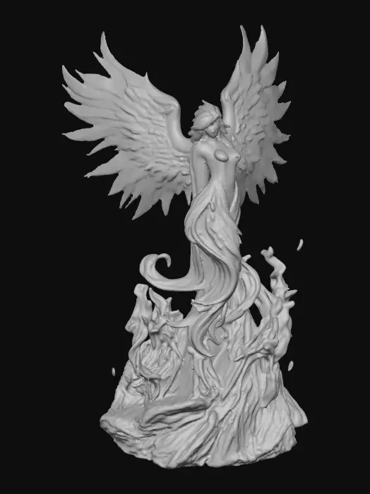 3D model for A Female phoenix form rising from the flames. Wings are intricately detailed made of porcelain. The phoenix has a beautiful curvy figure and perfect facial features with long hair and epic creation