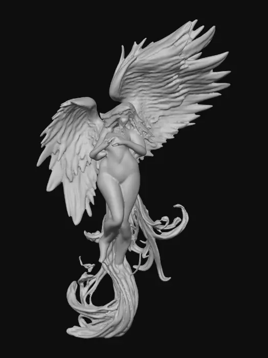 3D model for A Female phoenix form rising from the flames. Wings are intricately detailed made of porcelain. The phoenix has a beautiful curvy figure and perfect facial features with long hair and epic creation