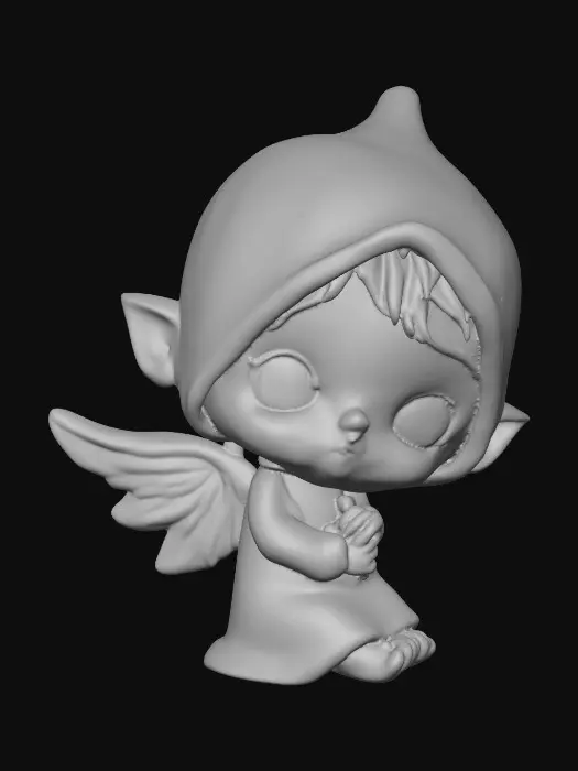 3D model for Ceramic figurine of a Chibi child like snowdrop fairy. Perfect facial features with well formed arms, hands, legs, & feet. Well defined wings. Fairy is sitting on a round patch of grass.
