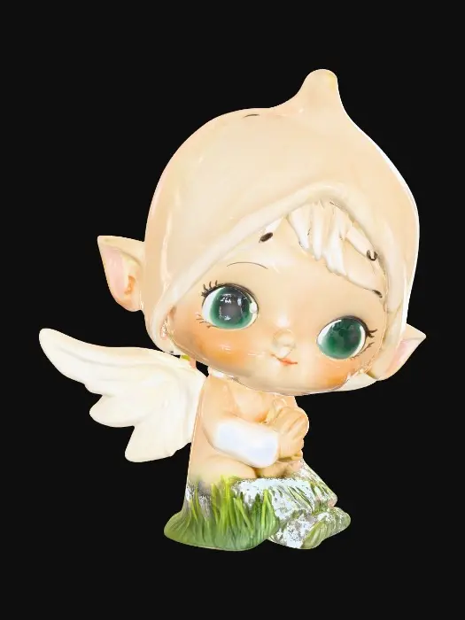 3D model for Ceramic figurine of a Chibi child like snowdrop fairy. Perfect facial features with well formed arms, hands, legs, & feet. Well defined wings. Fairy is sitting on a round patch of grass.