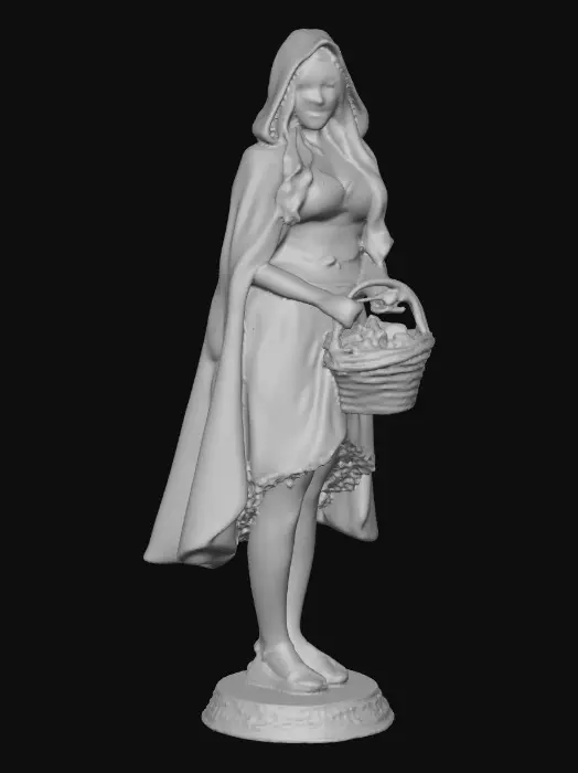 3D model for A busty sexy Little red riding hood carrying a baskets of goodies. Positioned on a round base.