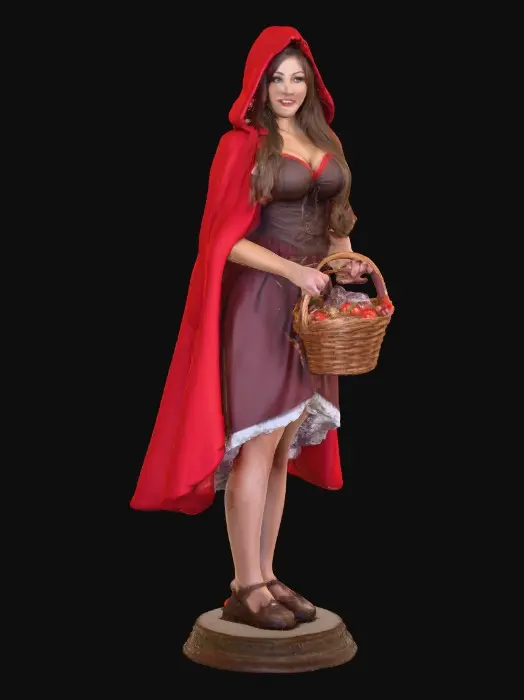 3D model for A busty sexy Little red riding hood carrying a baskets of goodies. Positioned on a round base.