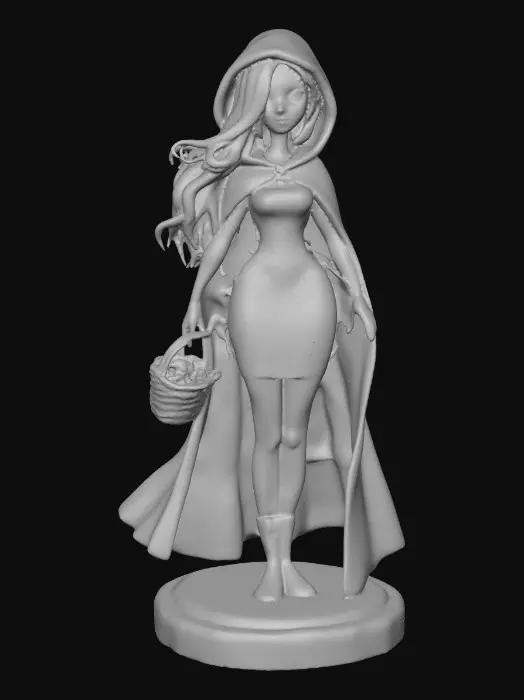 3D model for A busty sexy Little red riding hood carrying a baskets of goodies. Positioned on a round base.