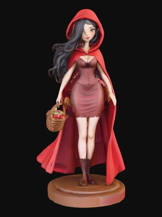 3D model for A busty sexy Little red riding hood carrying a baskets of goodies. Positioned on a round base.