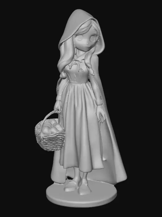 3D model for A busty sexy Little red riding hood carrying a baskets of goodies. Positioned on a round base.