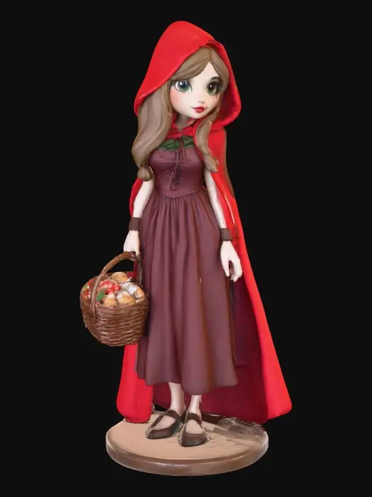 3D model for A busty sexy Little red riding hood carrying a baskets of goodies. Positioned on a round base.