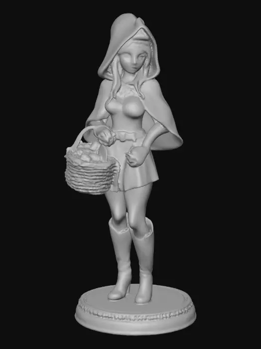 3D model for A busty sexy Little red riding hood carrying a baskets of goodies. Positioned on a round base.