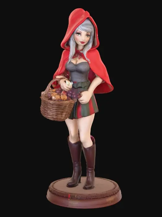 3D model for A busty sexy Little red riding hood carrying a baskets of goodies. Positioned on a round base.
