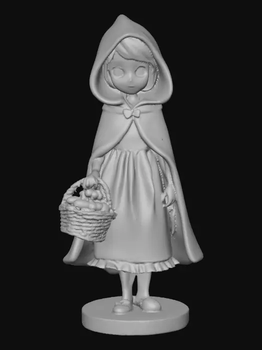 3D model for A busty sexy Little red riding hood carrying a baskets of goodies. Positioned on a round base.