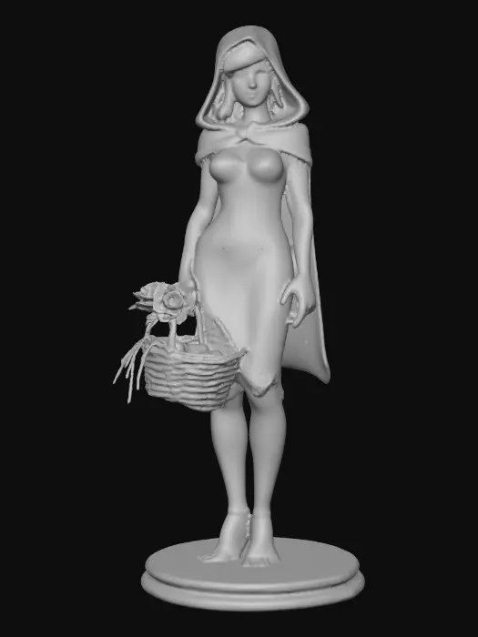 3D model for A busty sexy Little red riding hood carrying a baskets of goodies. Positioned on a round base.