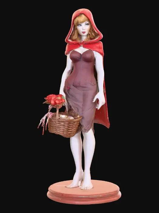 3D model for A busty sexy Little red riding hood carrying a baskets of goodies. Positioned on a round base.