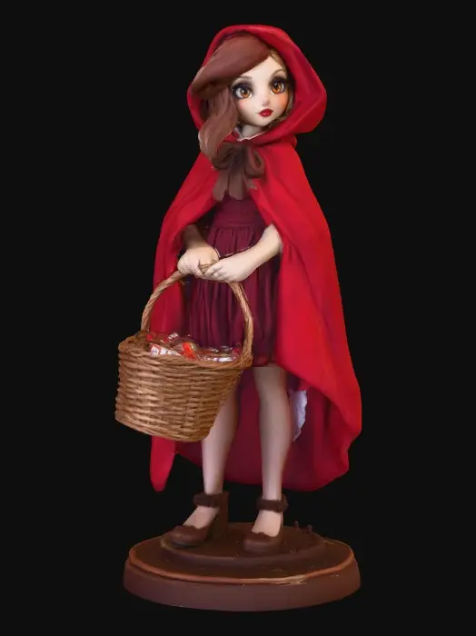 3D model for A busty sexy Little red riding hood carrying a baskets of goodies. Positioned on a round base.