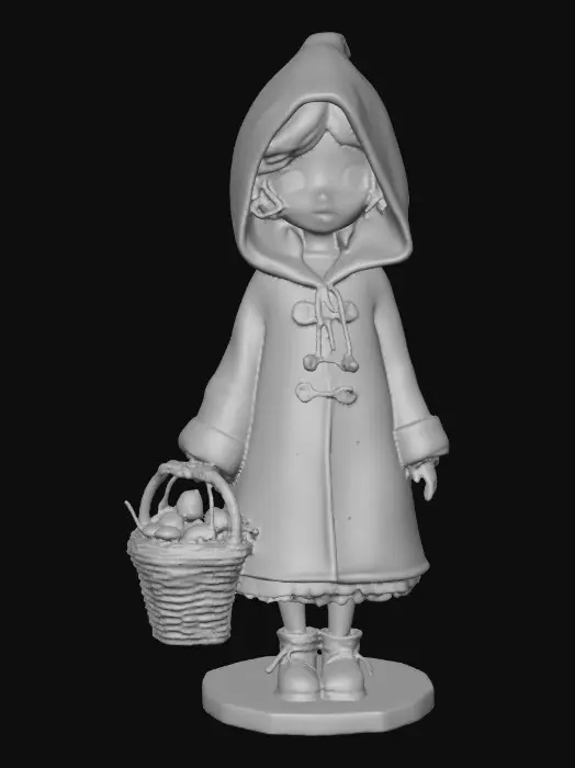 3D model for A busty sexy Little red riding hood carrying a baskets of goodies. Positioned on a round base.