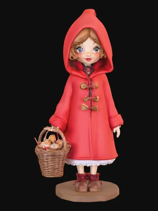 3D model for A busty sexy Little red riding hood carrying a baskets of goodies. Positioned on a round base.