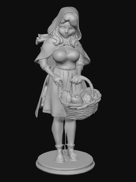 3D model for A busty sexy Little red riding hood carrying a baskets of goodies. Positioned on a round base.