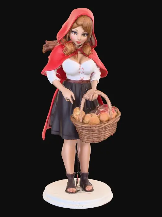 3D model for A busty sexy Little red riding hood carrying a baskets of goodies. Positioned on a round base.