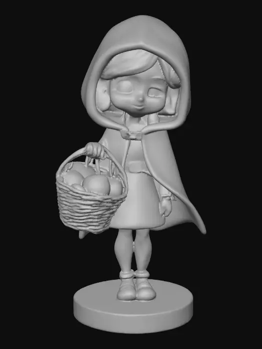 3D model for A busty sexy Little red riding hood carrying a baskets of goodies. Positioned on a round base.