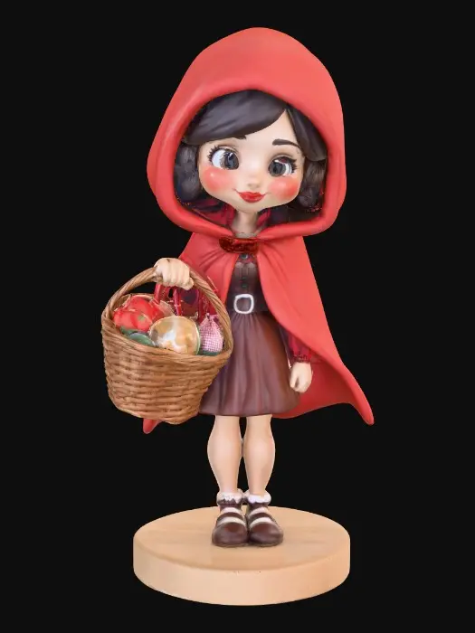 3D model for A busty sexy Little red riding hood carrying a baskets of goodies. Positioned on a round base.