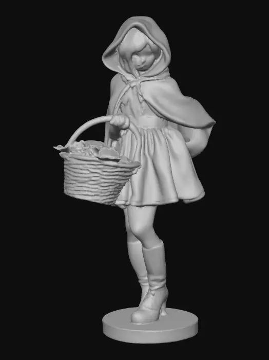 3D model for Super sexy very busty and a bit naughty Little red riding hood carrying a baskets of goodies. Positioned on a round base.