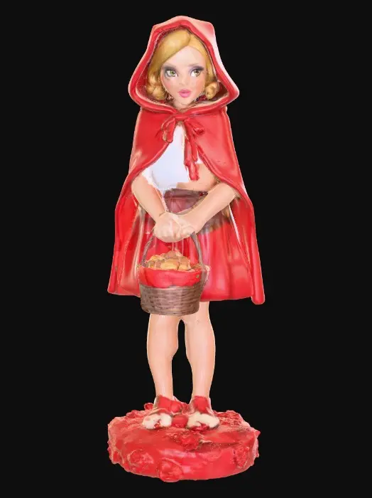 3D model for Super sexy very busty and a bit naughty Little red riding hood carrying a baskets of goodies. Positioned on a round base.