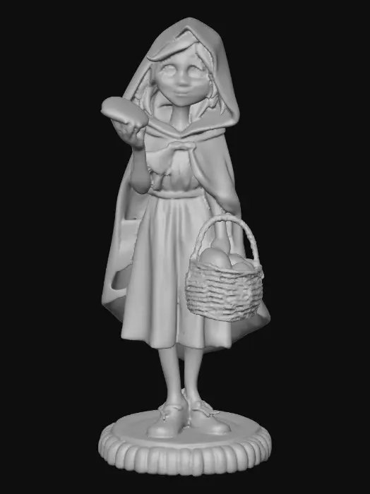 3D model for A sensuous large breasted red riding hood carrying a baskets of goodies in one hand. She is holding a piece of bread in her other hand as she walks. Positioned on a round base. Naughty fairytales