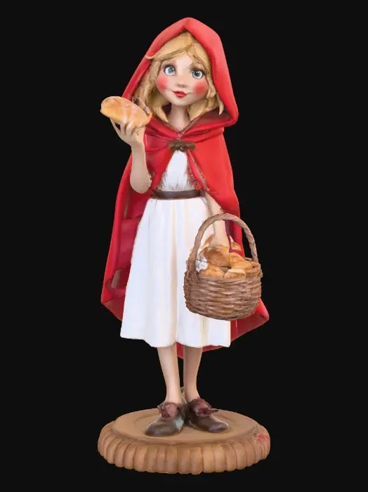 3D model for A sensuous large breasted red riding hood carrying a baskets of goodies in one hand. She is holding a piece of bread in her other hand as she walks. Positioned on a round base. Naughty fairytales