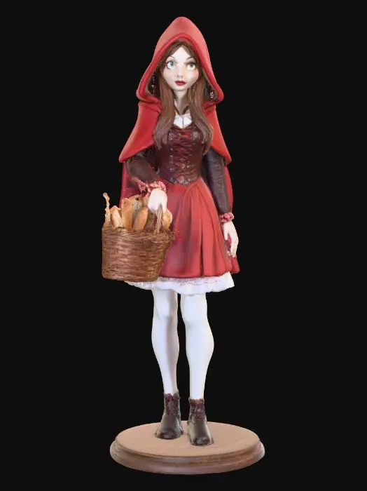 3D model for A sensuous large breasted red riding hood carrying a baskets of goodies in one hand. She is holding a piece of bread in her other hand as she walks. Positioned on a round base. Naughty fairytales