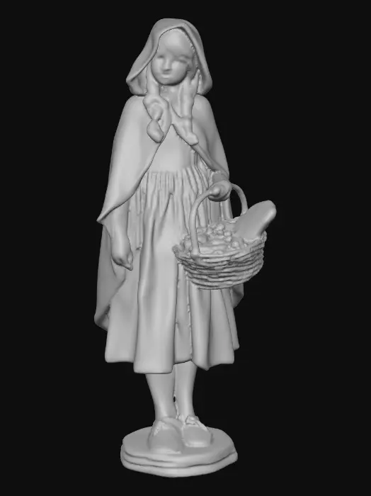 3D model for A sensuous large breasted red riding hood carrying a baskets of goodies in one hand. She is holding a piece of bread in her other hand as she walks. Positioned on a round base. Naughty fairytales