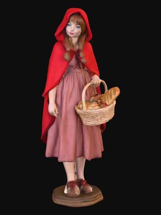 3D model for A sensuous large breasted red riding hood carrying a baskets of goodies in one hand. She is holding a piece of bread in her other hand as she walks. Positioned on a round base. Naughty fairytales