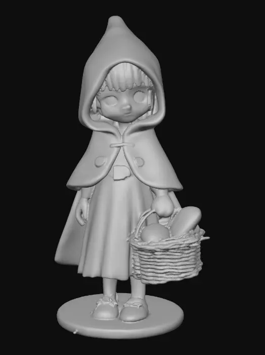 3D model for A sensuous large breasted red riding hood carrying a baskets of goodies in one hand. She is holding a piece of bread in her other hand as she walks. Positioned on a round base. Naughty fairytales