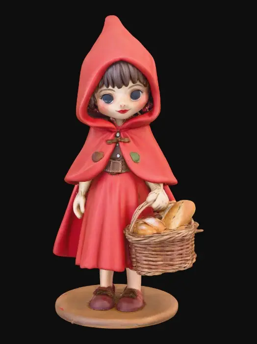 3D model for A sensuous large breasted red riding hood carrying a baskets of goodies in one hand. She is holding a piece of bread in her other hand as she walks. Positioned on a round base. Naughty fairytales