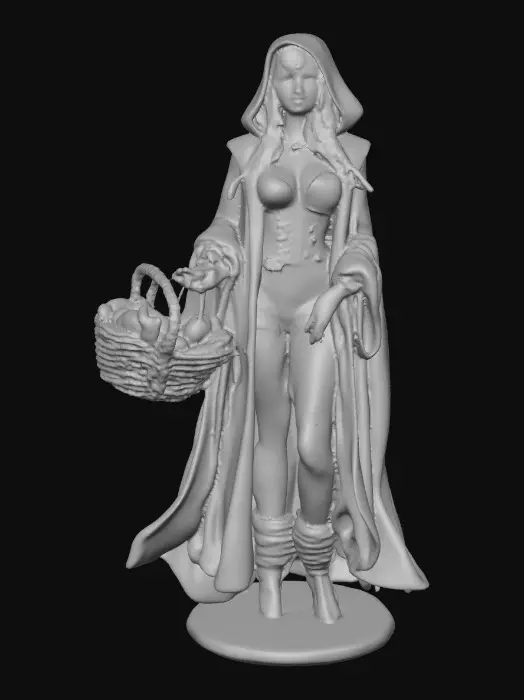 3D model for A sensuous large breasted red riding hood carrying a baskets of goodies in one hand. She is holding a piece of bread in her other hand as she walks. Positioned on a round base. Naughty fairytales