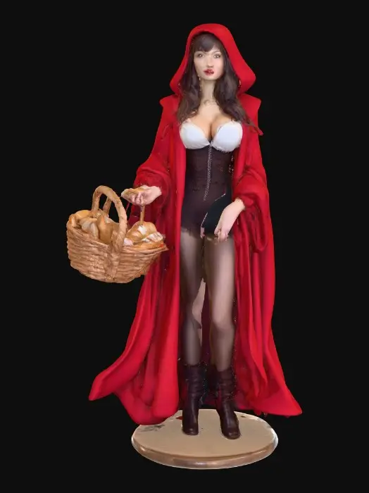 3D model for A sensuous large breasted red riding hood carrying a baskets of goodies in one hand. She is holding a piece of bread in her other hand as she walks. Positioned on a round base. Naughty fairytales